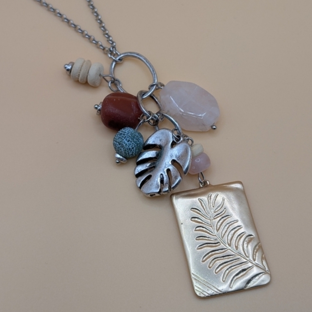 J. Jill Silver Belcher Chain with Gold Leaf Etched Pendant & Charms Necklace NWT